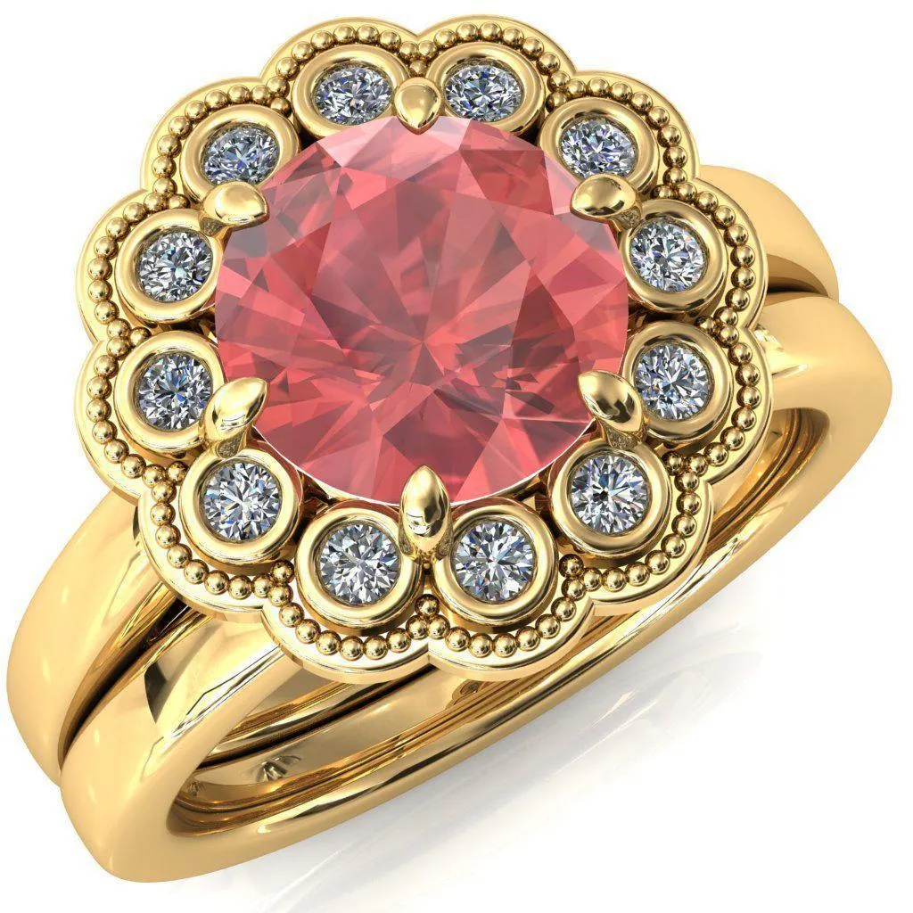 Zinnia Round Padparadscha Sapphire 6 Prongs Milgrain Halo Accent Diamonds Ring