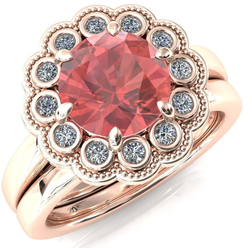 Zinnia Round Padparadscha Sapphire 6 Prongs Milgrain Halo Accent Diamonds Ring