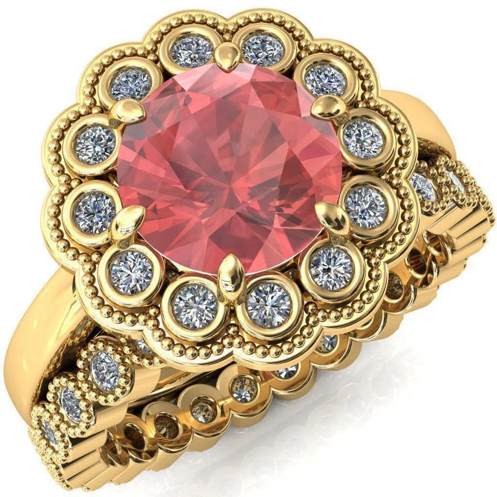 Zinnia Round Padparadscha Sapphire 6 Prongs Milgrain Halo Accent Diamonds Ring