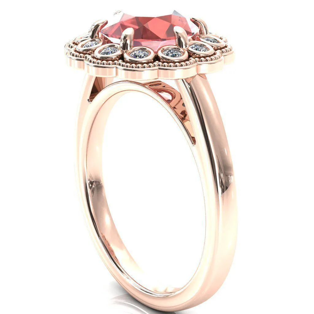Zinnia Round Padparadscha Sapphire 6 Prongs Milgrain Halo Accent Diamonds Ring