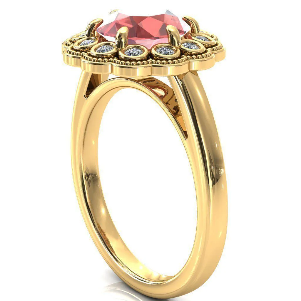 Zinnia Round Padparadscha Sapphire 6 Prongs Milgrain Halo Accent Diamonds Ring