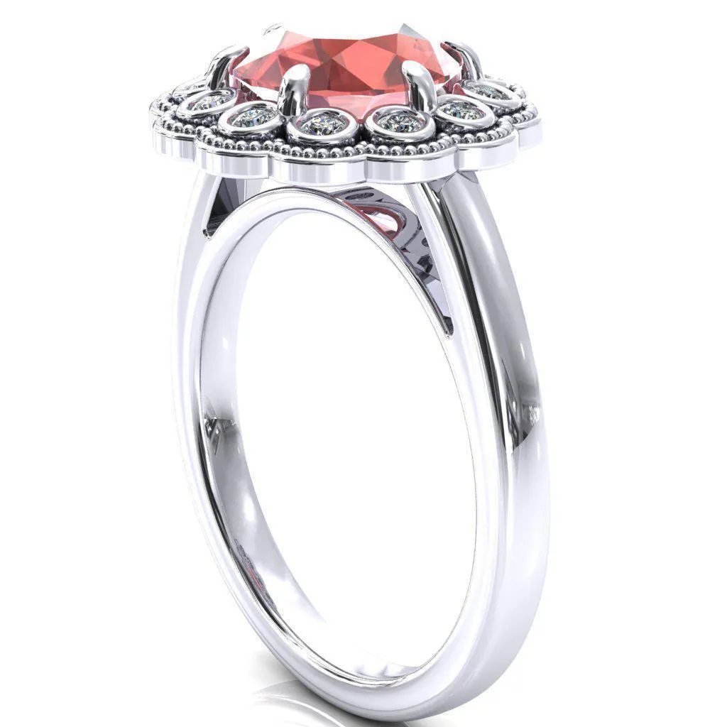 Zinnia Round Padparadscha Sapphire 6 Prongs Milgrain Halo Accent Diamonds Ring