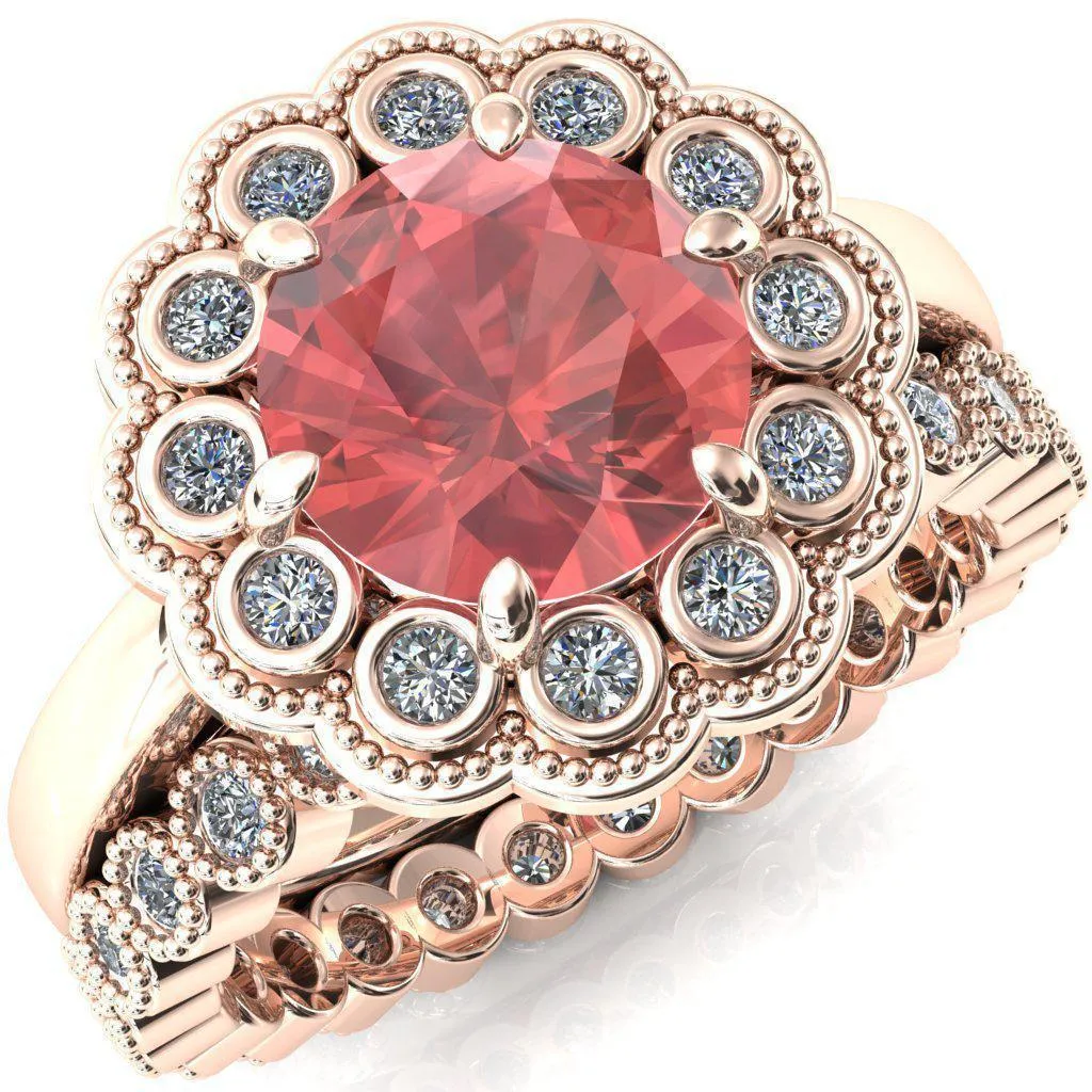 Zinnia Round Padparadscha Sapphire 6 Prongs Milgrain Halo Accent Diamonds Ring