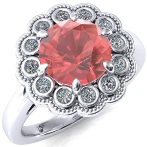 Zinnia Round Padparadscha Sapphire 6 Prongs Milgrain Halo Accent Diamonds Ring