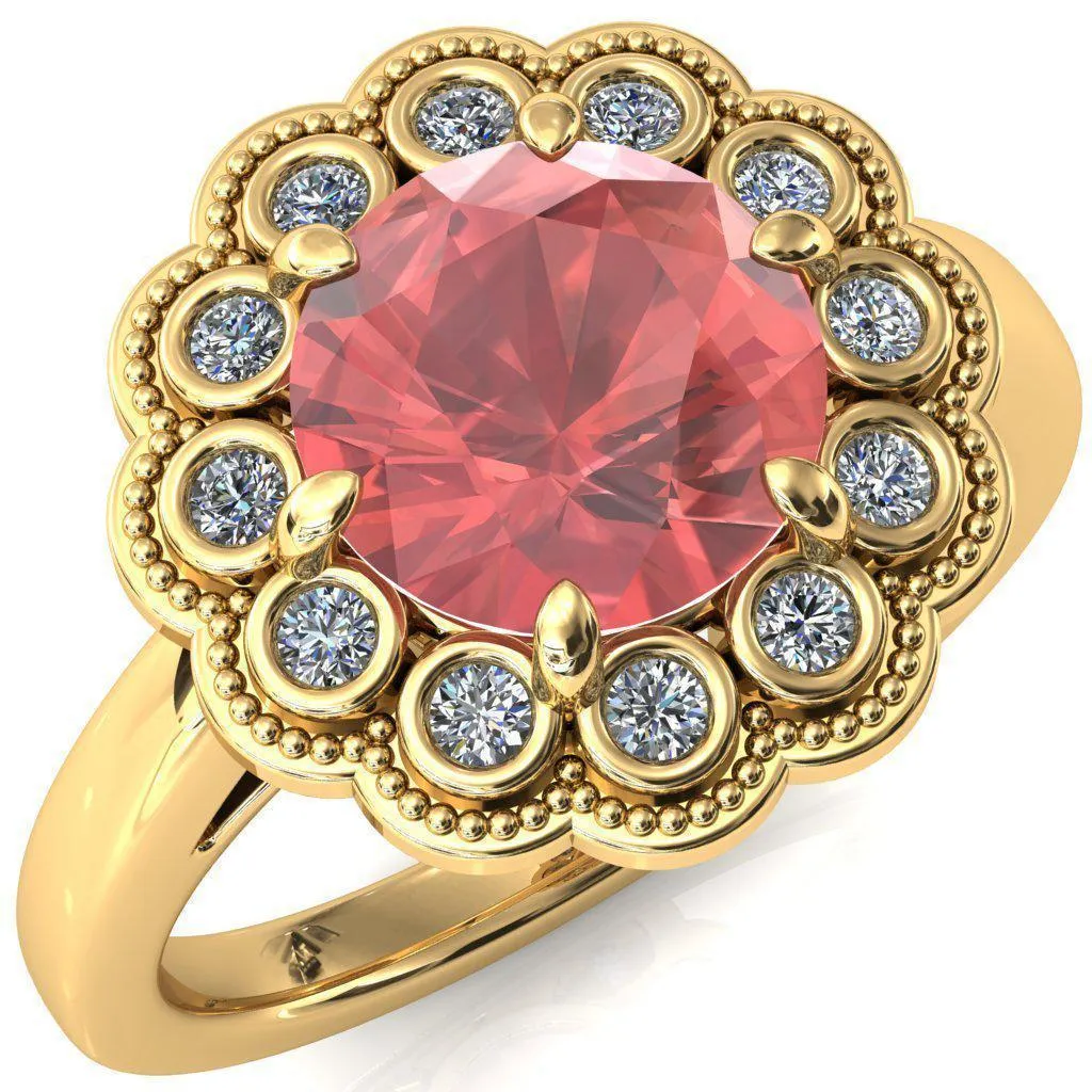 Zinnia Round Padparadscha Sapphire 6 Prongs Milgrain Halo Accent Diamonds Ring