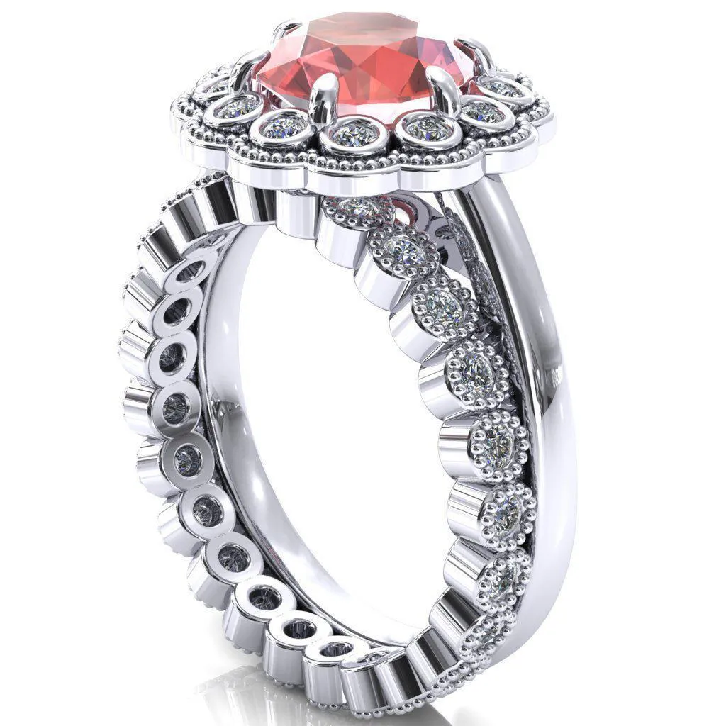 Zinnia Round Padparadscha Sapphire 6 Prongs Milgrain Halo Accent Diamonds Ring