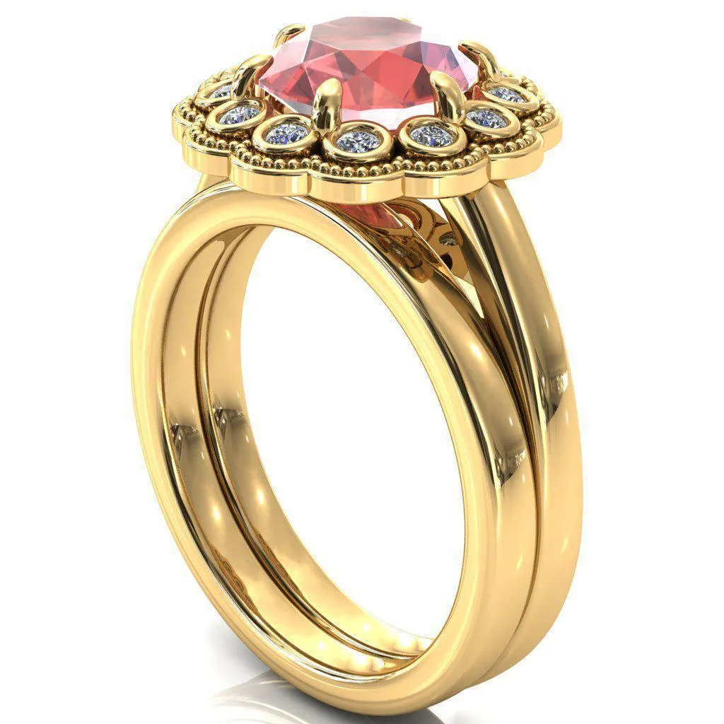 Zinnia Round Padparadscha Sapphire 6 Prongs Milgrain Halo Accent Diamonds Ring