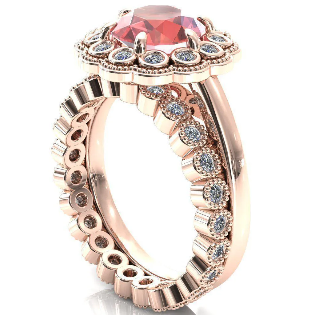 Zinnia Round Padparadscha Sapphire 6 Prongs Milgrain Halo Accent Diamonds Ring