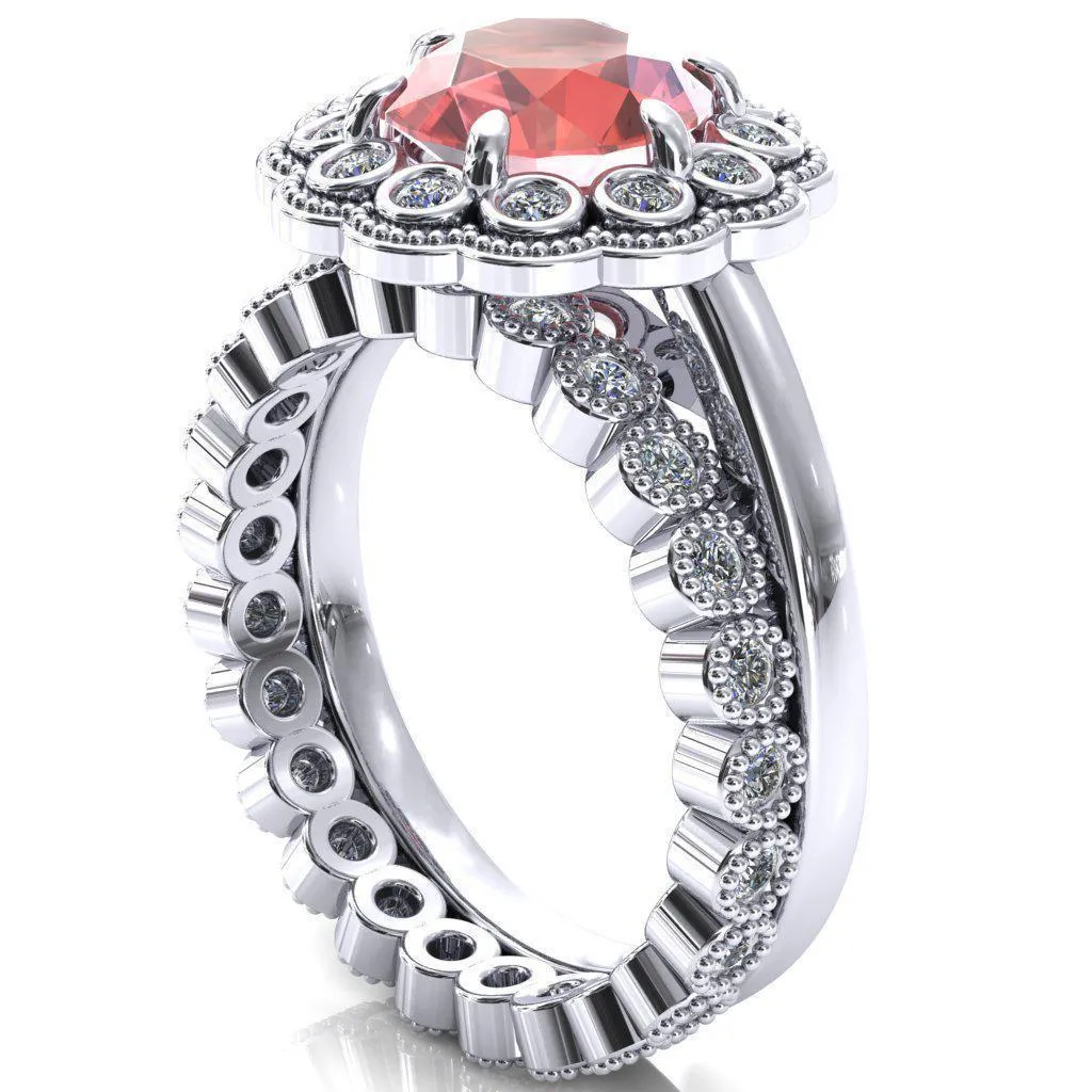 Zinnia Round Padparadscha Sapphire 6 Prongs Milgrain Halo Accent Diamonds Ring