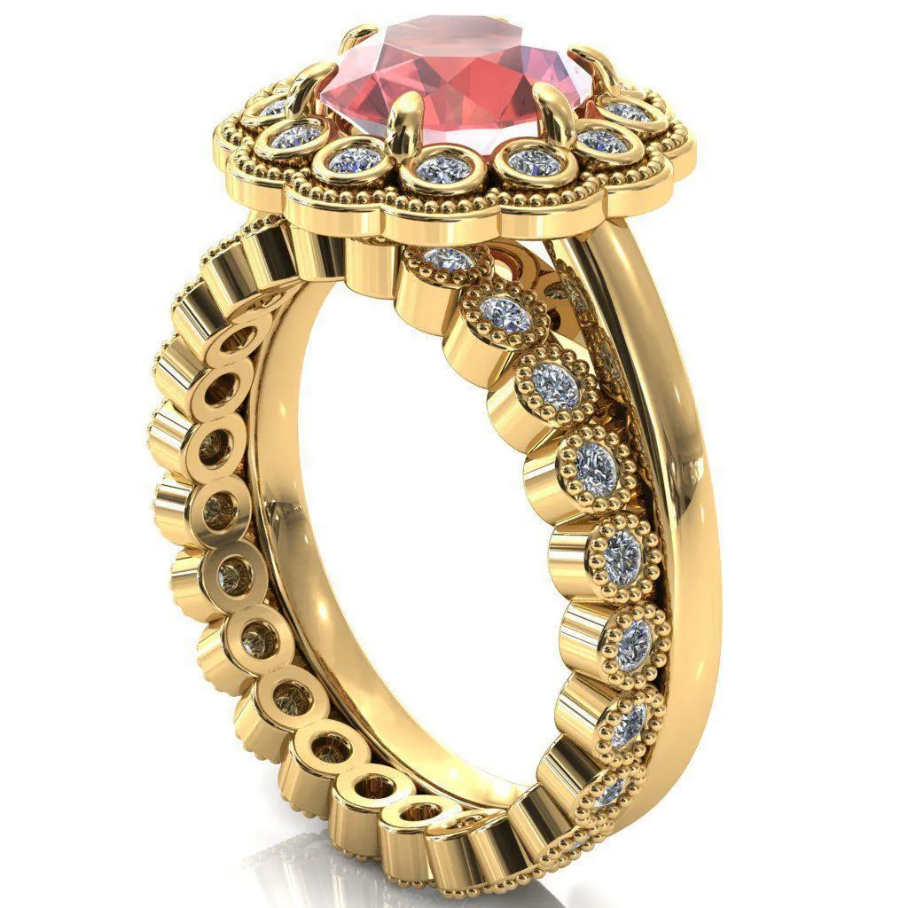 Zinnia Round Padparadscha Sapphire 6 Prongs Milgrain Halo Accent Diamonds Ring