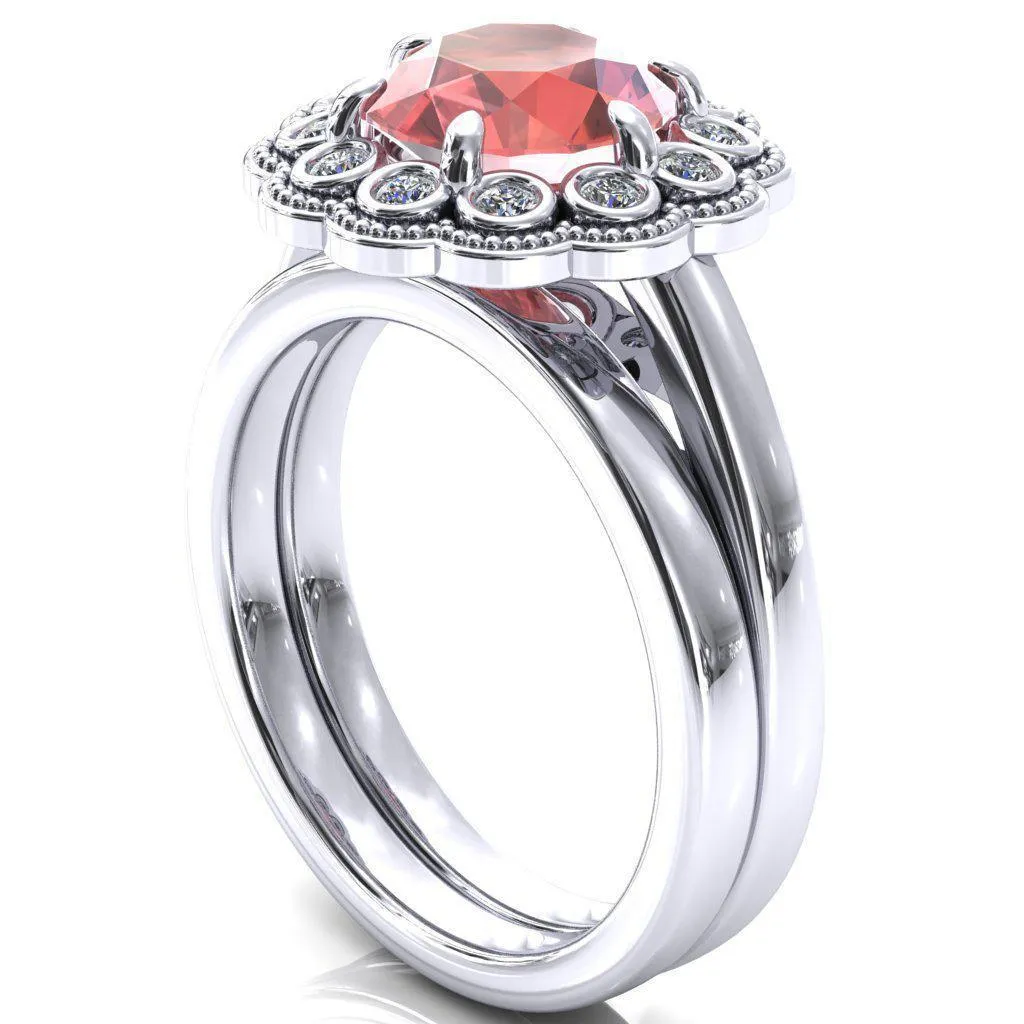 Zinnia Round Padparadscha Sapphire 6 Prongs Milgrain Halo Accent Diamonds Ring