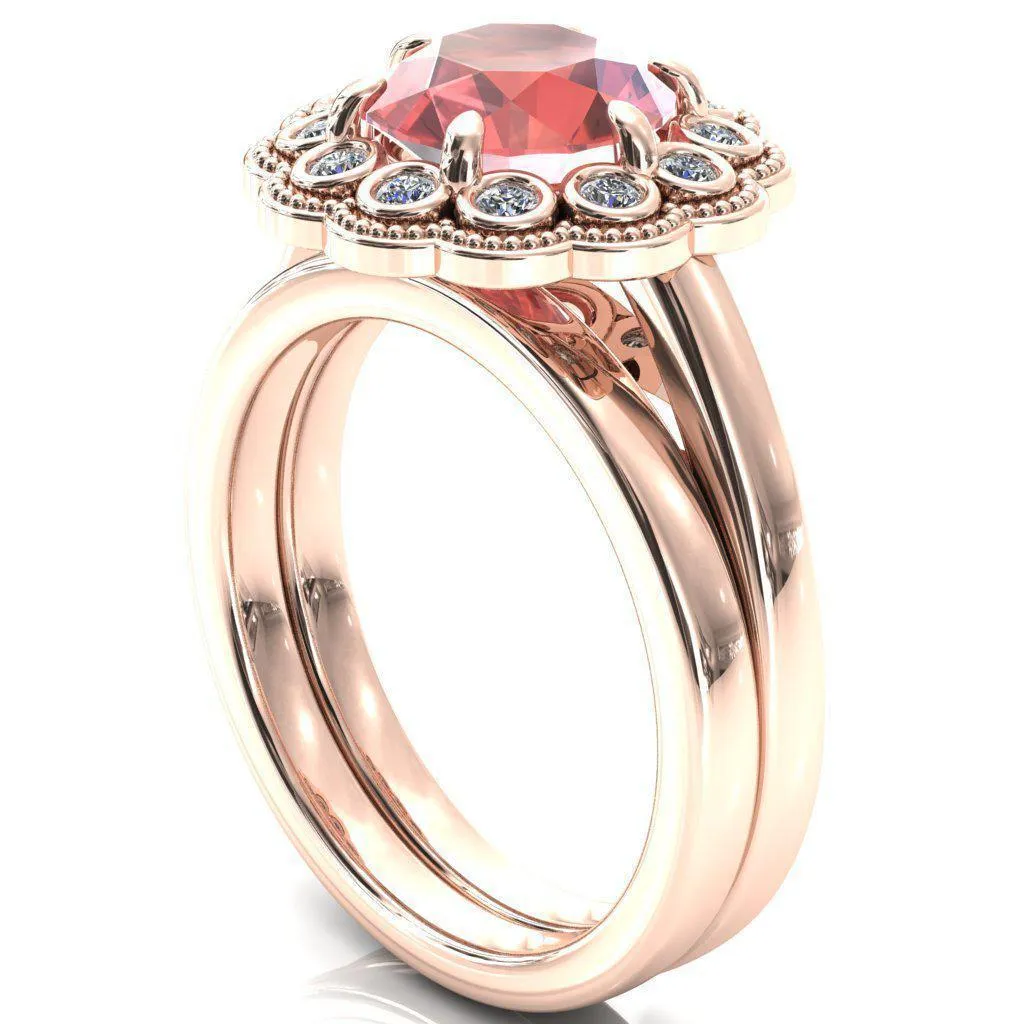 Zinnia Round Padparadscha Sapphire 6 Prongs Milgrain Halo Accent Diamonds Ring