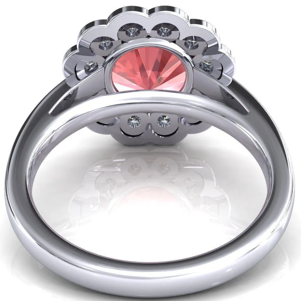 Zinnia Round Padparadscha Sapphire 6 Prongs Milgrain Halo Accent Diamonds Ring