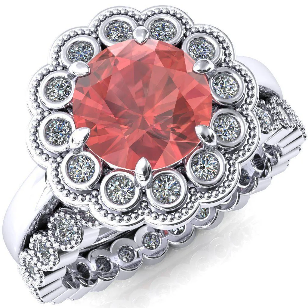 Zinnia Round Padparadscha Sapphire 6 Prongs Milgrain Halo Accent Diamonds Ring