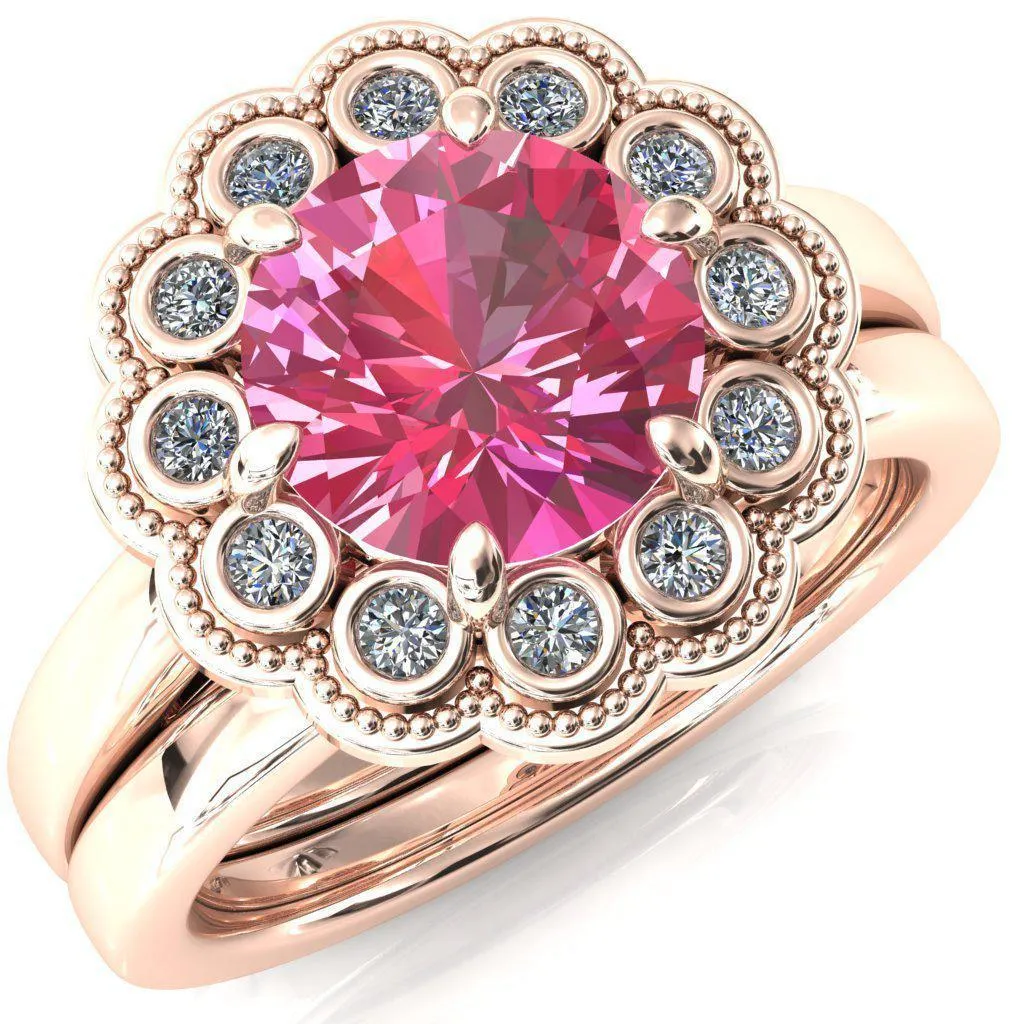 Zinnia Round Pink Sapphire 6 Prongs Milgrain Halo Accent Diamonds Ring