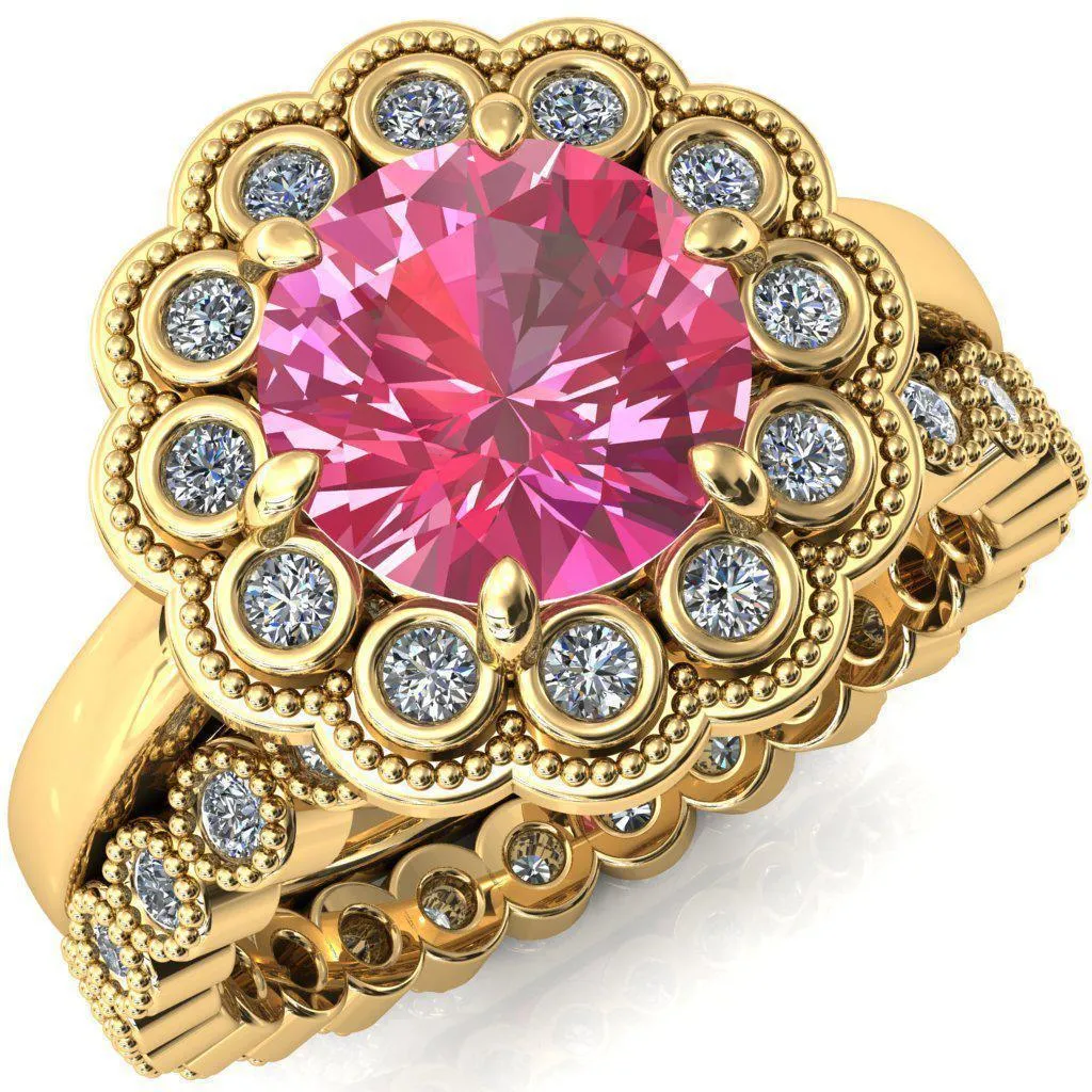 Zinnia Round Pink Sapphire 6 Prongs Milgrain Halo Accent Diamonds Ring