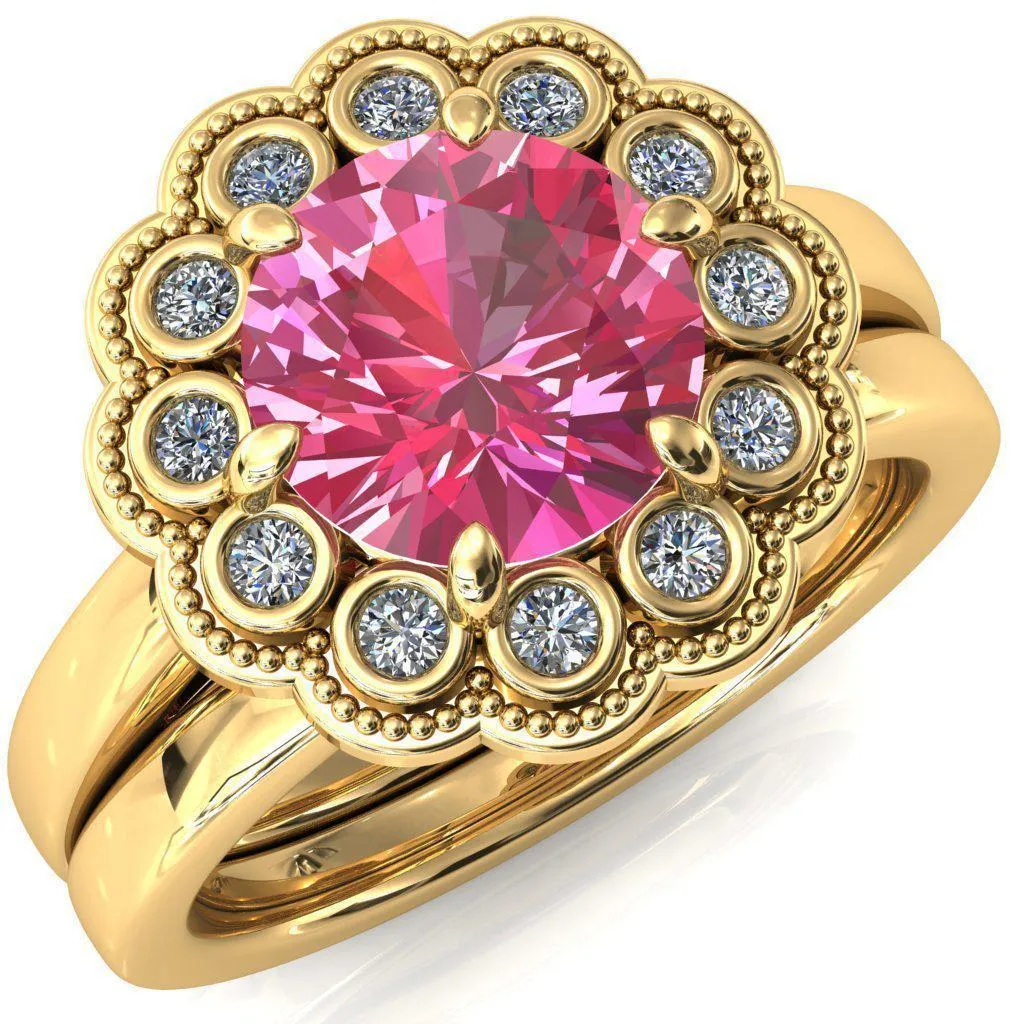 Zinnia Round Pink Sapphire 6 Prongs Milgrain Halo Accent Diamonds Ring
