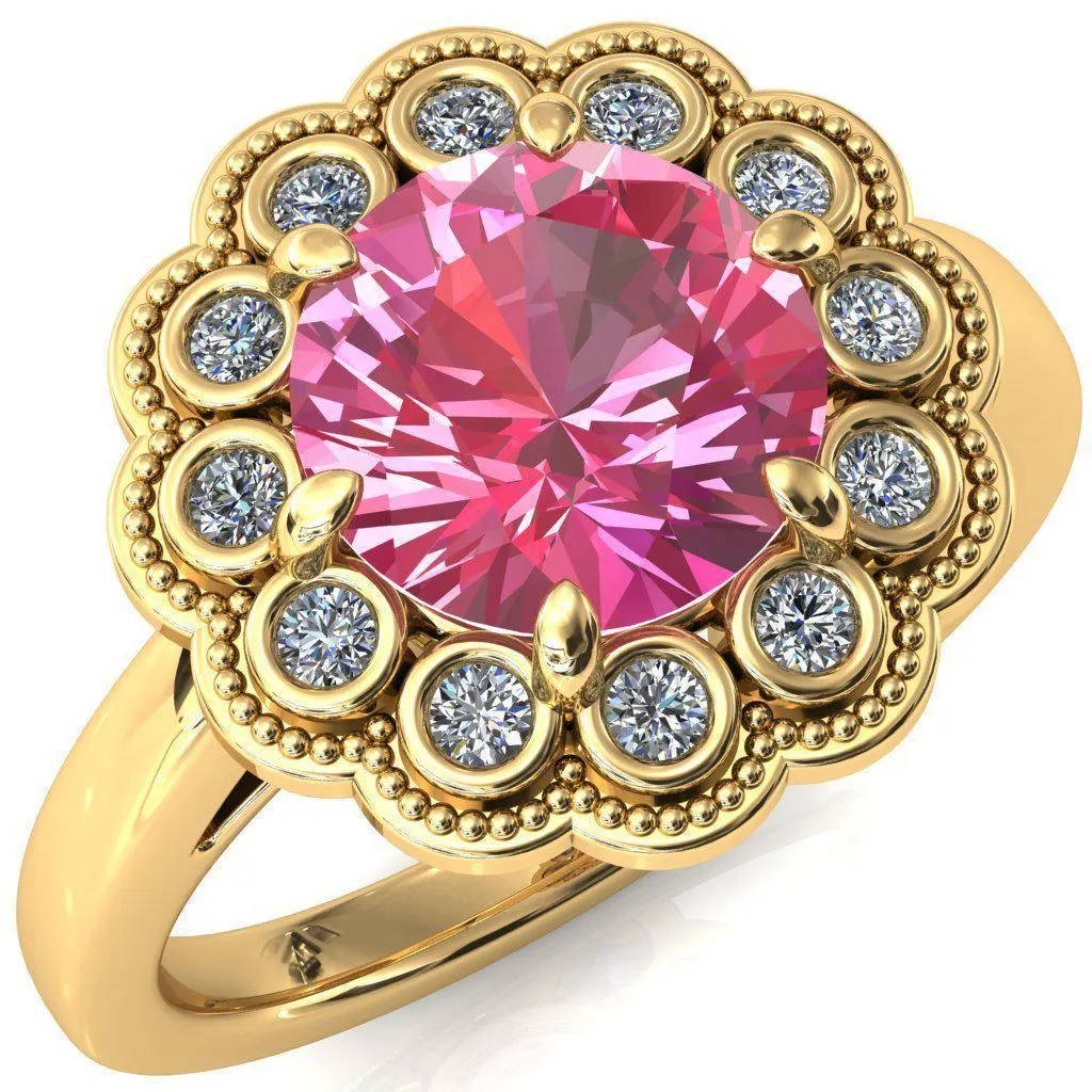 Zinnia Round Pink Sapphire 6 Prongs Milgrain Halo Accent Diamonds Ring