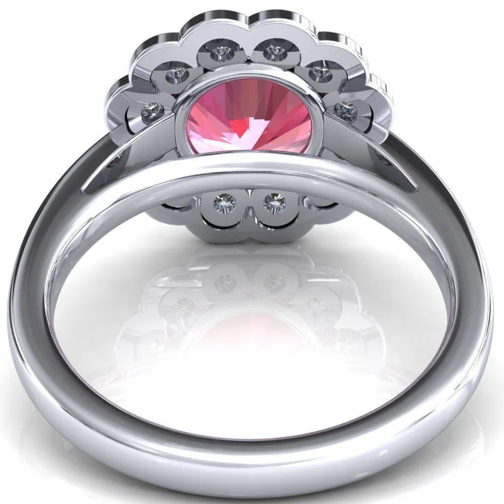 Zinnia Round Pink Sapphire 6 Prongs Milgrain Halo Accent Diamonds Ring
