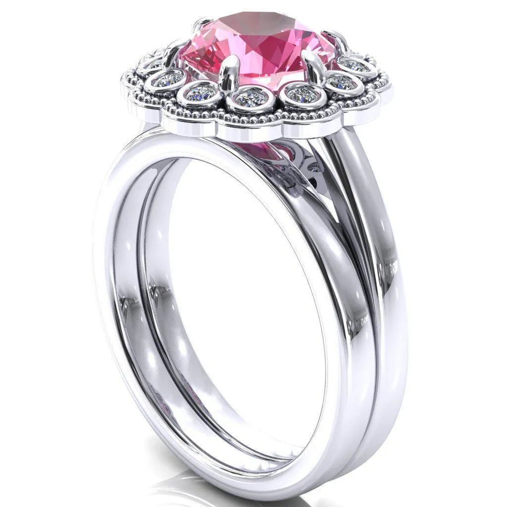 Zinnia Round Pink Sapphire 6 Prongs Milgrain Halo Accent Diamonds Ring