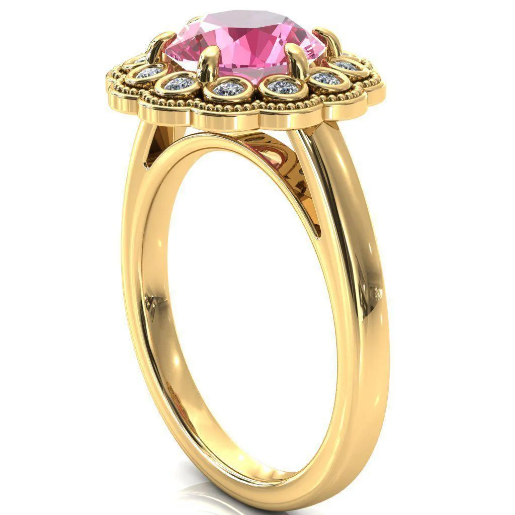 Zinnia Round Pink Sapphire 6 Prongs Milgrain Halo Accent Diamonds Ring