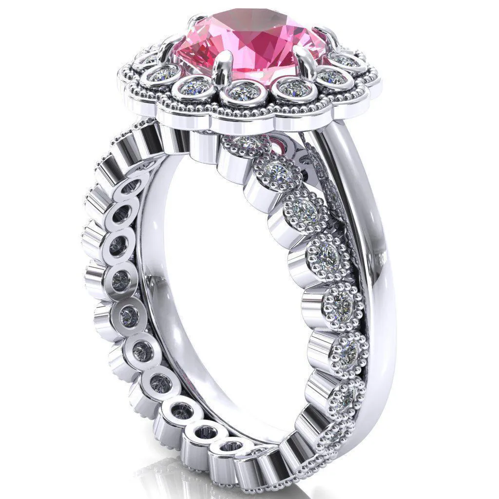Zinnia Round Pink Sapphire 6 Prongs Milgrain Halo Accent Diamonds Ring