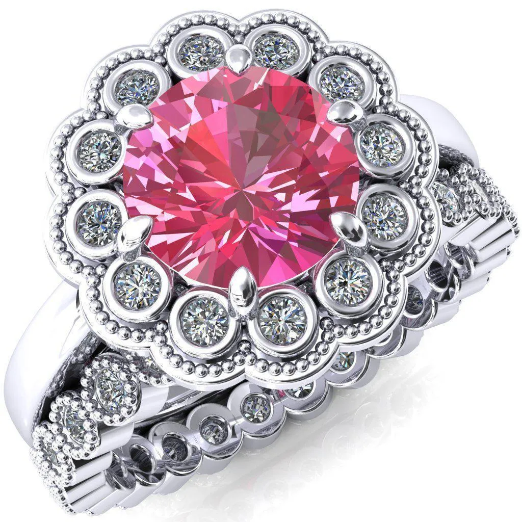 Zinnia Round Pink Sapphire 6 Prongs Milgrain Halo Accent Diamonds Ring