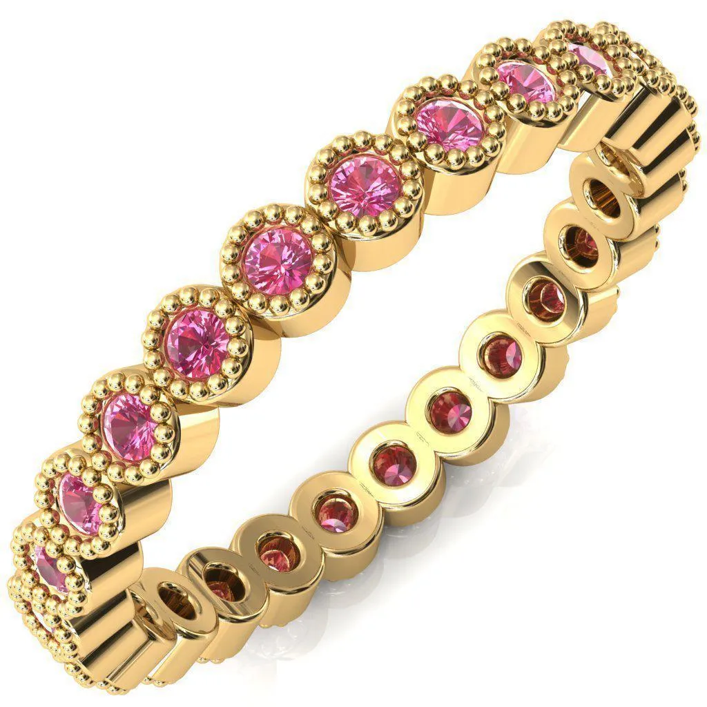 Zinnia Round Pink Sapphire 6 Prongs Milgrain Halo Accent Diamonds Ring