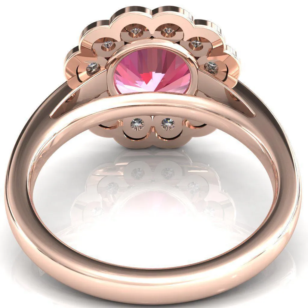 Zinnia Round Pink Sapphire 6 Prongs Milgrain Halo Accent Diamonds Ring