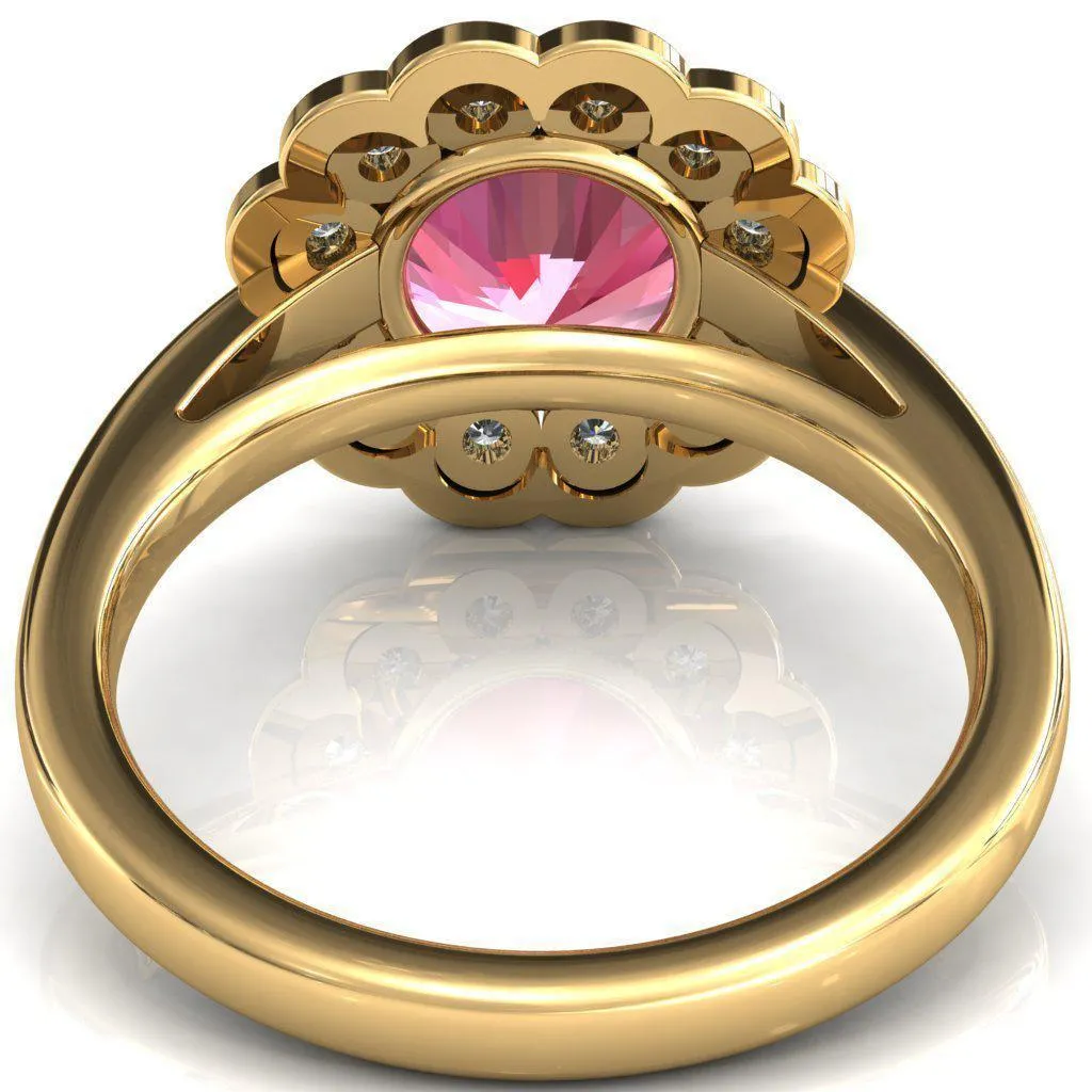 Zinnia Round Pink Sapphire 6 Prongs Milgrain Halo Accent Diamonds Ring
