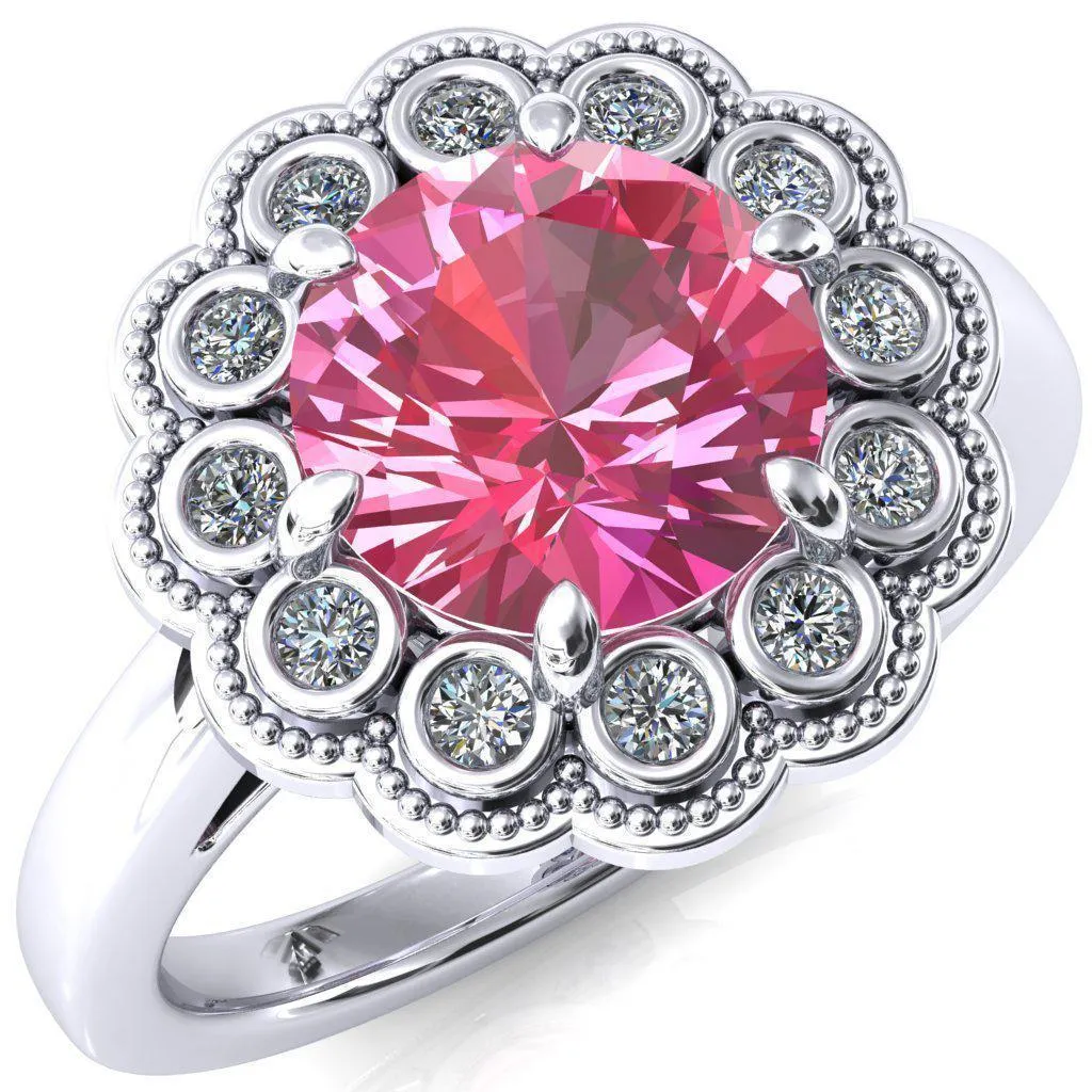 Zinnia Round Pink Sapphire 6 Prongs Milgrain Halo Accent Diamonds Ring