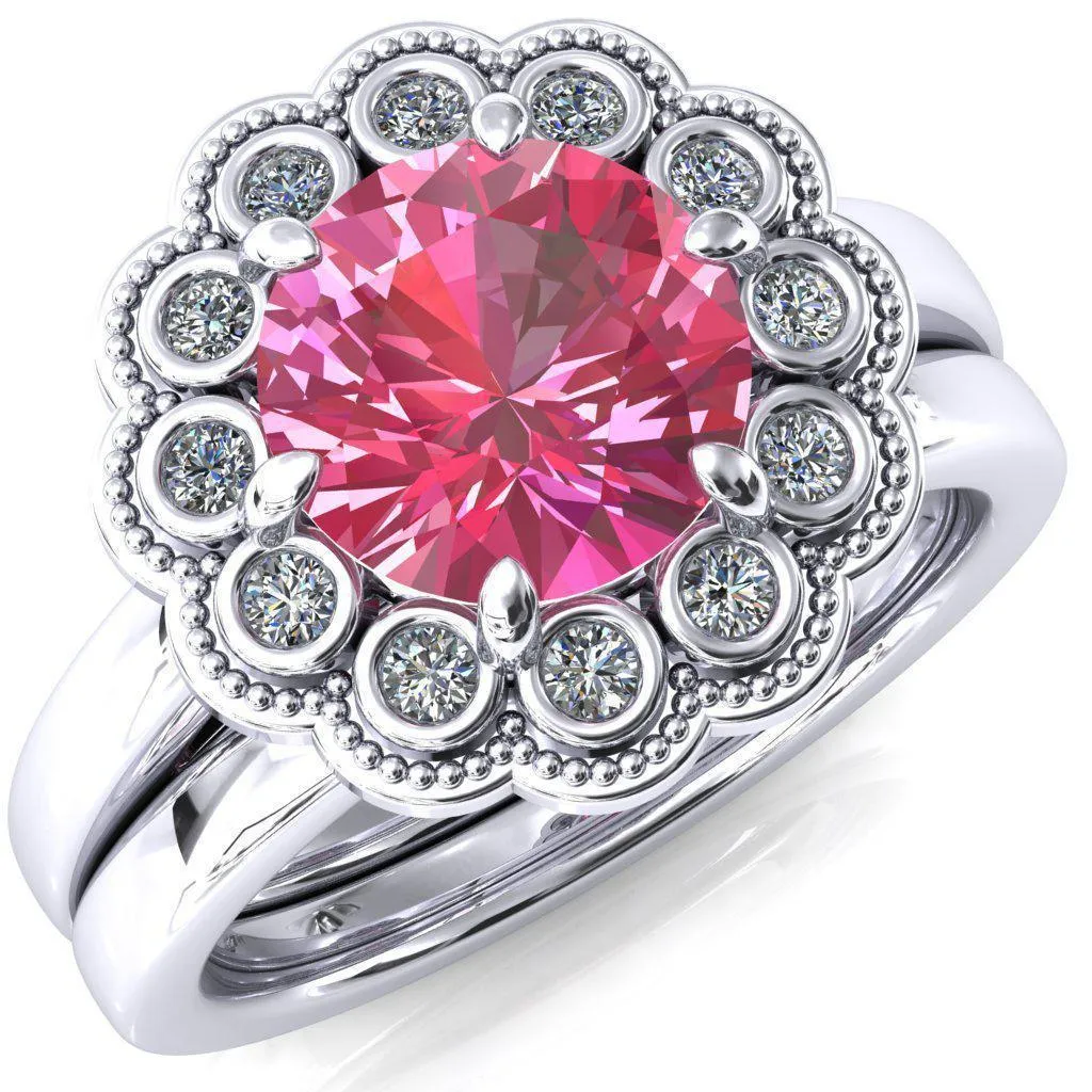 Zinnia Round Pink Sapphire 6 Prongs Milgrain Halo Accent Diamonds Ring