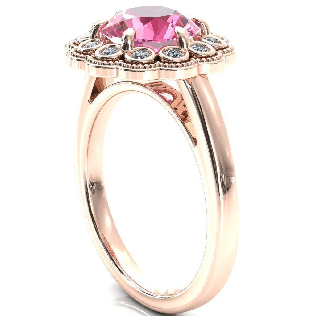 Zinnia Round Pink Sapphire 6 Prongs Milgrain Halo Accent Diamonds Ring