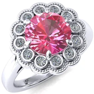 Zinnia Round Pink Sapphire 6 Prongs Milgrain Halo Accent Diamonds Ring