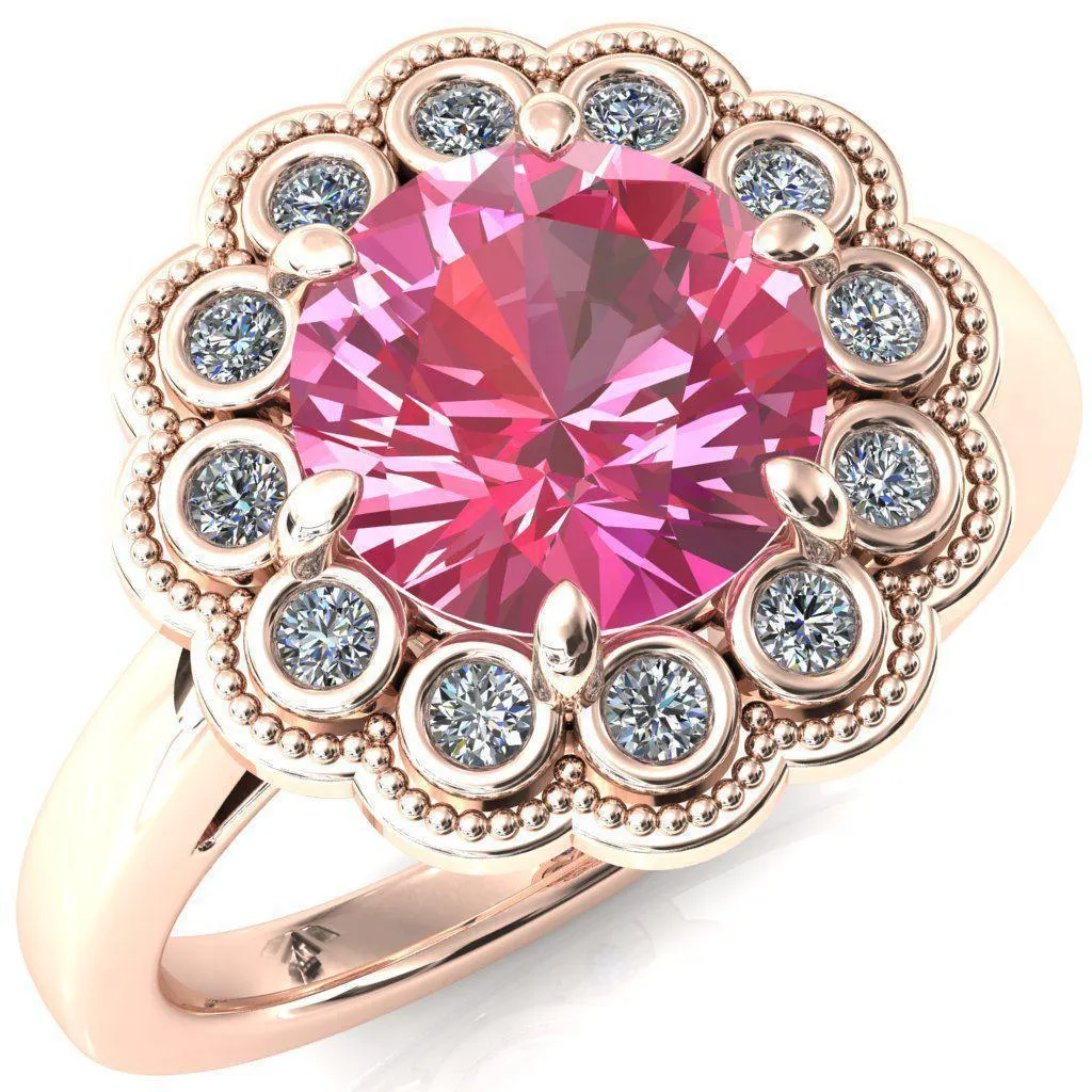 Zinnia Round Pink Sapphire 6 Prongs Milgrain Halo Accent Diamonds Ring