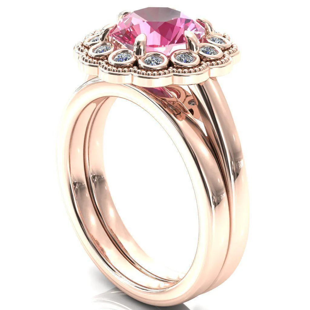 Zinnia Round Pink Sapphire 6 Prongs Milgrain Halo Accent Diamonds Ring