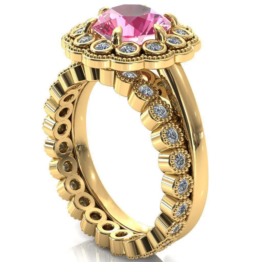 Zinnia Round Pink Sapphire 6 Prongs Milgrain Halo Accent Diamonds Ring