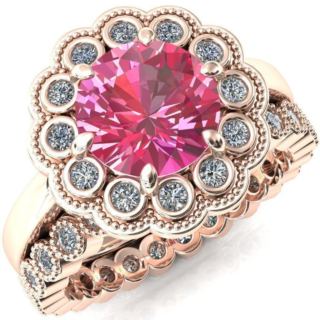 Zinnia Round Pink Sapphire 6 Prongs Milgrain Halo Accent Diamonds Ring