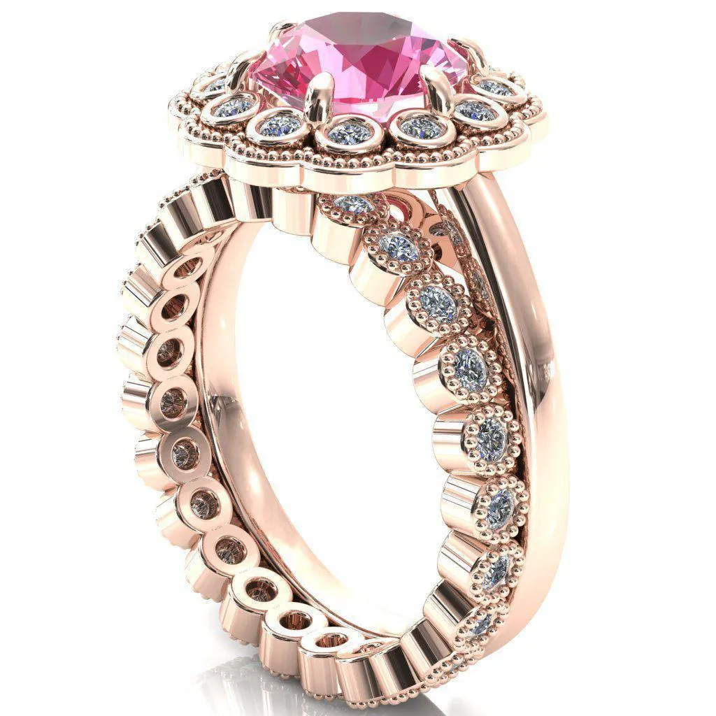 Zinnia Round Pink Sapphire 6 Prongs Milgrain Halo Accent Diamonds Ring