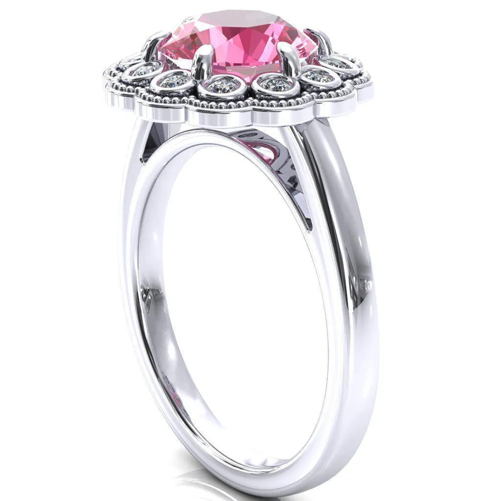 Zinnia Round Pink Sapphire 6 Prongs Milgrain Halo Accent Diamonds Ring