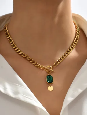 Zircon & Disc Charm OT Buckle Necklace - Gold