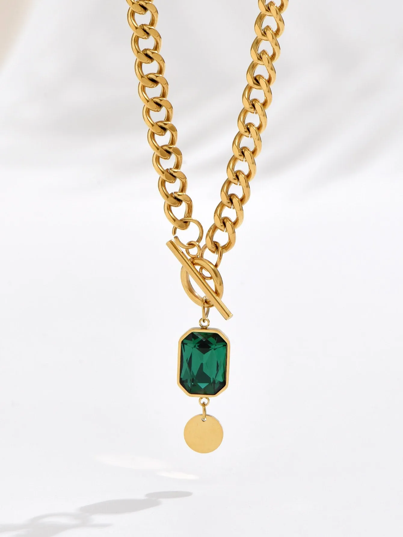 Zircon & Disc Charm OT Buckle Necklace - Gold