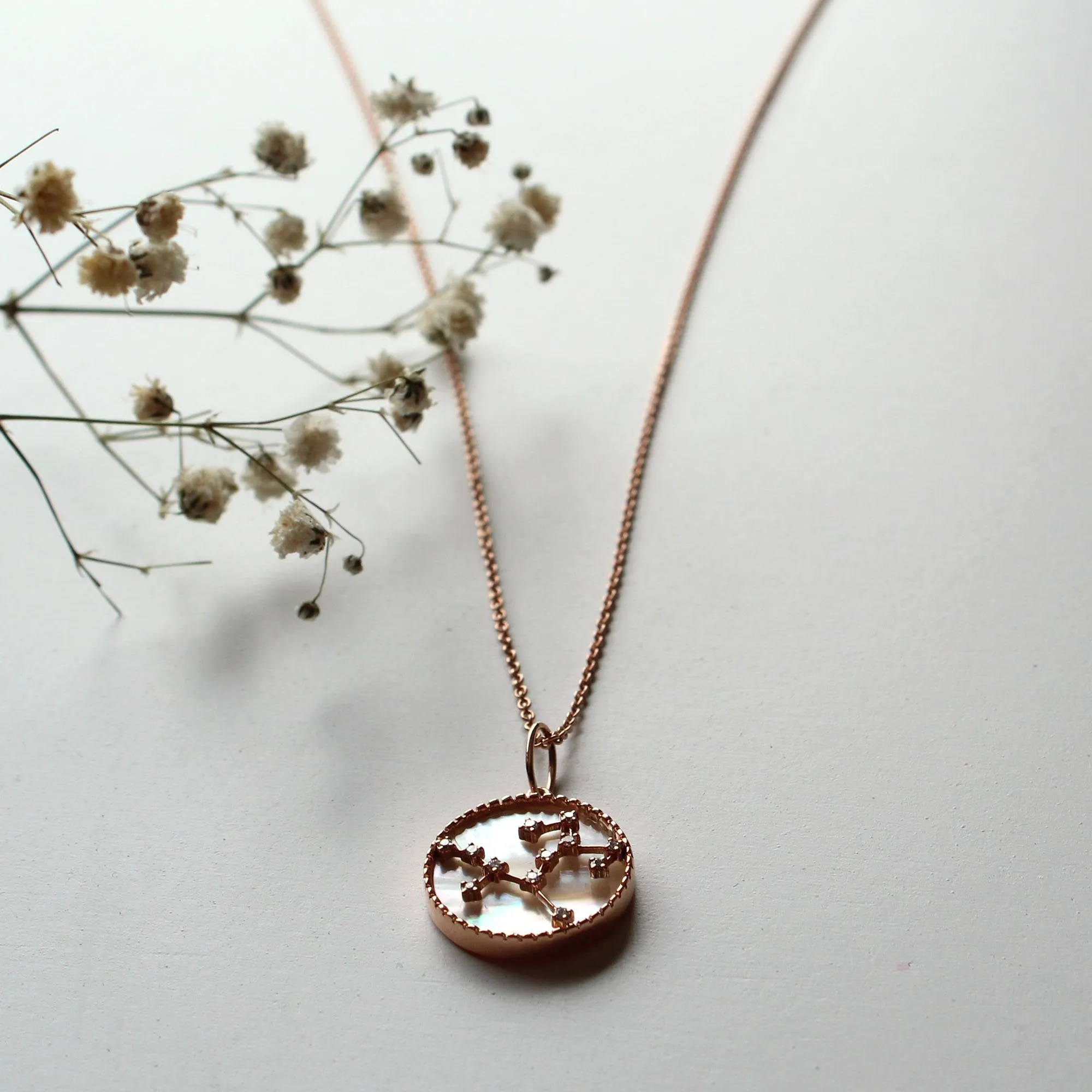 Zodiac Constellation Diamond and MOP Necklace in 14K Gold
