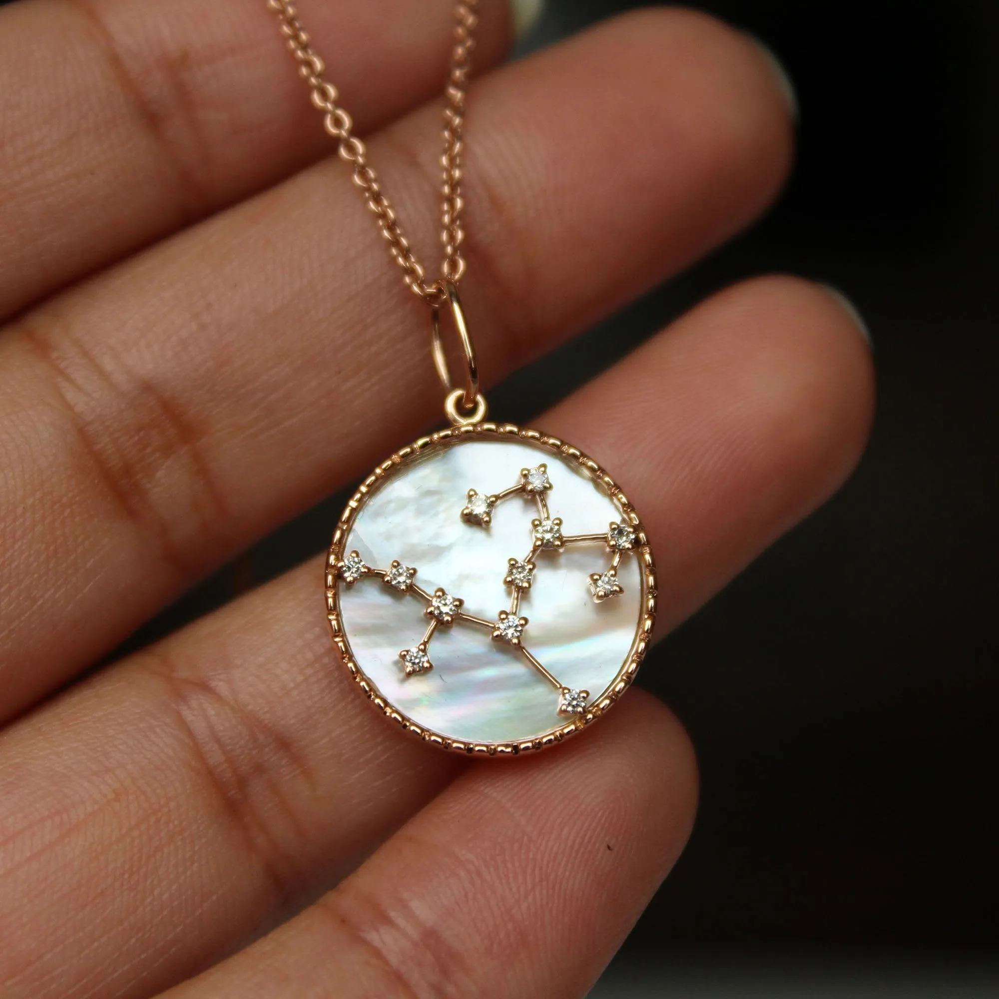 Zodiac Constellation Diamond and MOP Necklace in 14K Gold